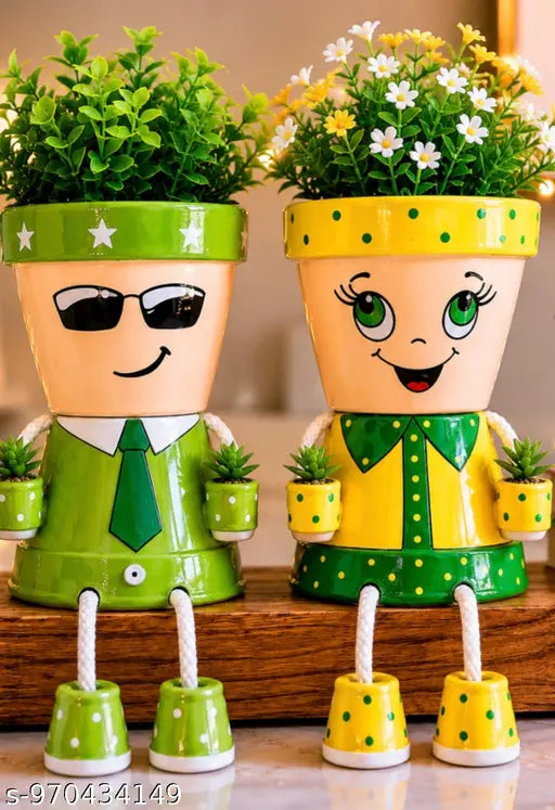 Cute Couple Planter Set for Indoor Plants ,Hanging Legs Decorative Flower Pots, Plastic Cartoon Character Planters for Home Decor, Balcony, Living Room & Office